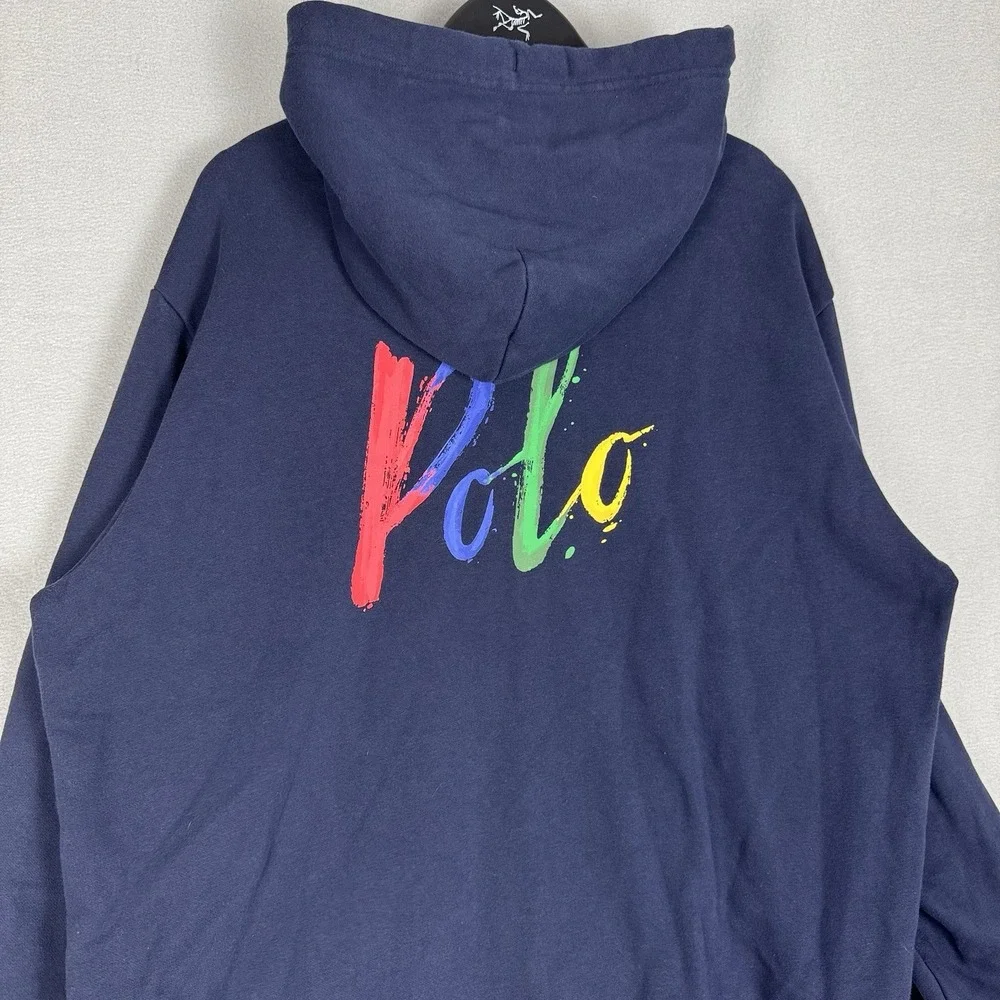 Polo Ralph Lauren Paint Splatter Logo Zip Up Navy Hoodie Mens Size XL Pony